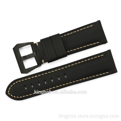 24mm Fabric Canvas Genuine Leather Watch Band Strap Pre-V Tang Buckle Style Padded Belt Strap